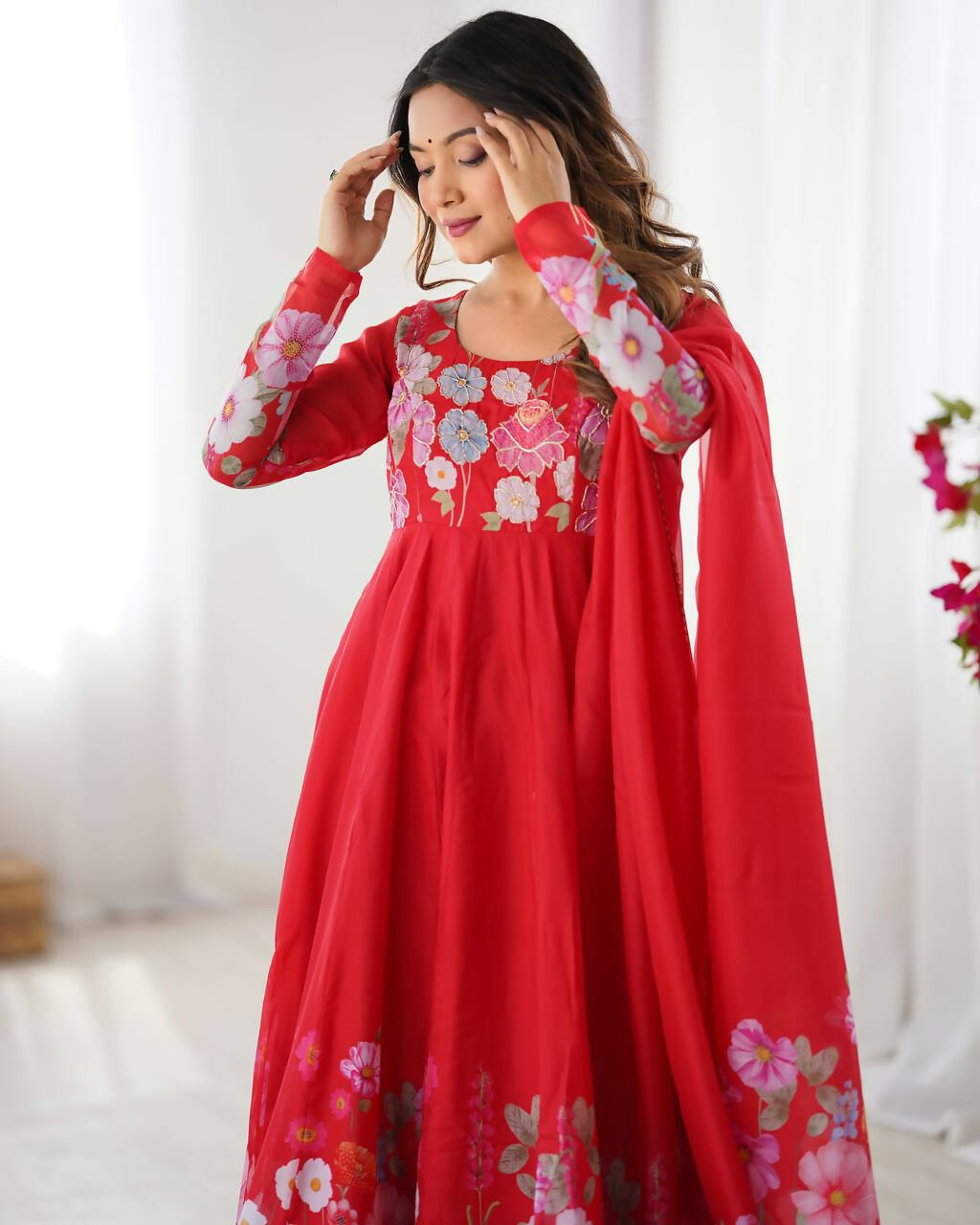 The52 Women's Gorgeous Floral Printed Organza Silk Fabric Flared Anarkali Pant and Dupatta Set | Grocsy