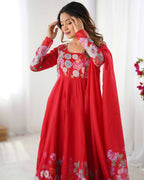 The52 Women's Gorgeous Floral Printed Organza Silk Fabric Flared Anarkali Pant and Dupatta Set | Grocsy