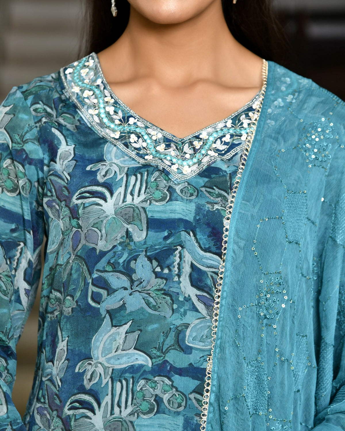 Vaasva Women's Teal Crepe Embroidered Suit Set | Grocsy