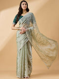 Green Organza Sequence Embroidered Saree with Unstitched Blouse - Satya | Grocsy