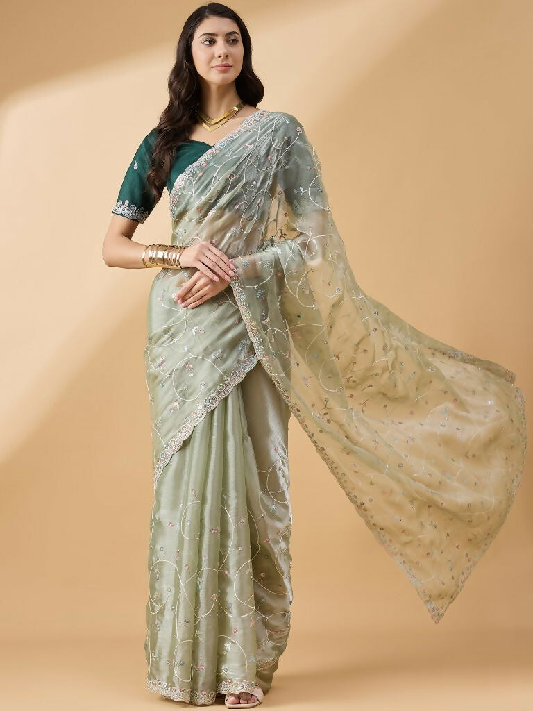 Green Organza Sequence Embroidered Saree with Unstitched Blouse - Satya | Grocsy