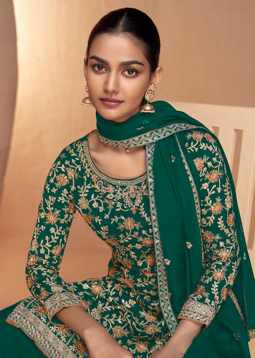 Green Real Chinnon Embroidered Wedding Festive Palazzo Suit - Emponline | Grocsy