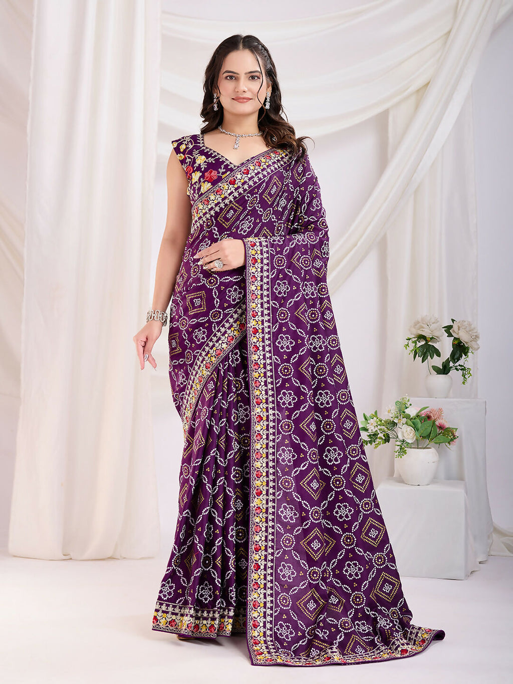 Voilet Vichitra Silk Bandhani Printed, Embroidery Work Saree - Ditya | Grocsy
