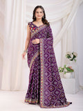 Voilet Vichitra Silk Bandhani Printed, Embroidery Work Saree - Ditya | Grocsy