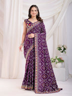Voilet Vichitra Silk Bandhani Printed, Embroidery Work Saree - Ditya | Grocsy