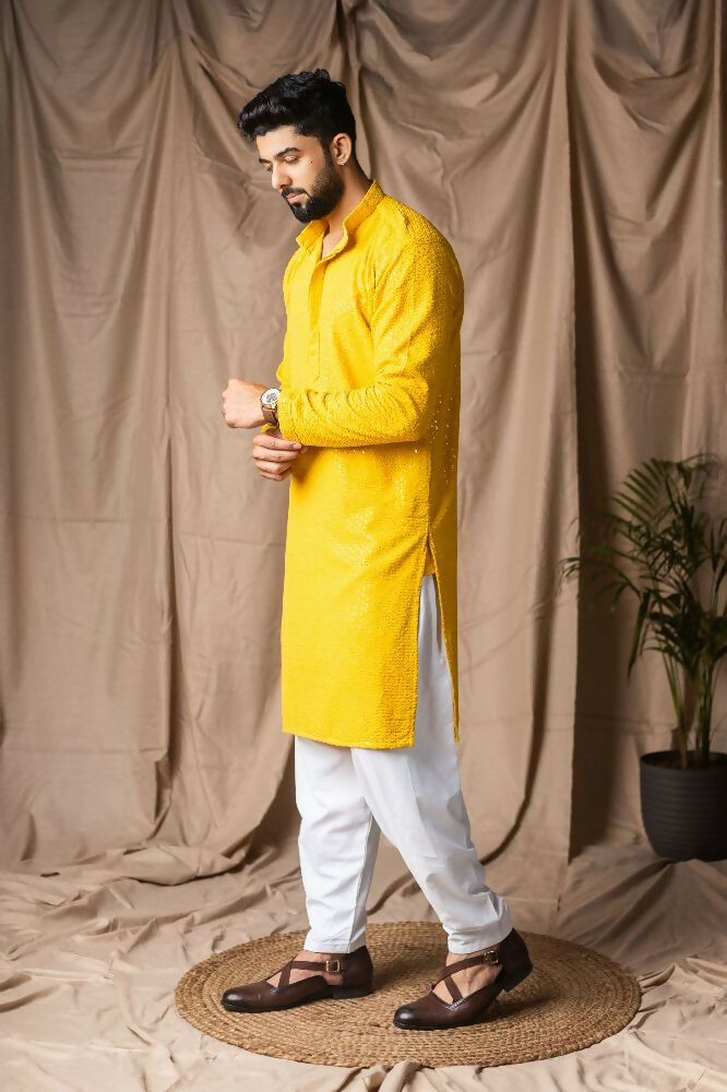 Light Yellow Rayon Thread Embroidery Work Kurta Set - Mahotsav | Grocsy