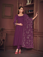 Jyoti Fashion Women's Purple Georgette Embroidered Anarkali Kurta Pant Set With Dupatta | Grocsy