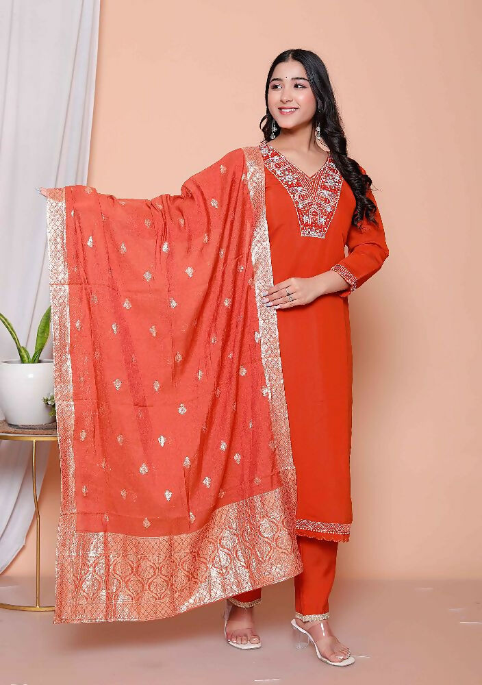 Miravan Womens Orange Embroidered Straight Kurta With Palazzo And Dupatta Set | Grocsy