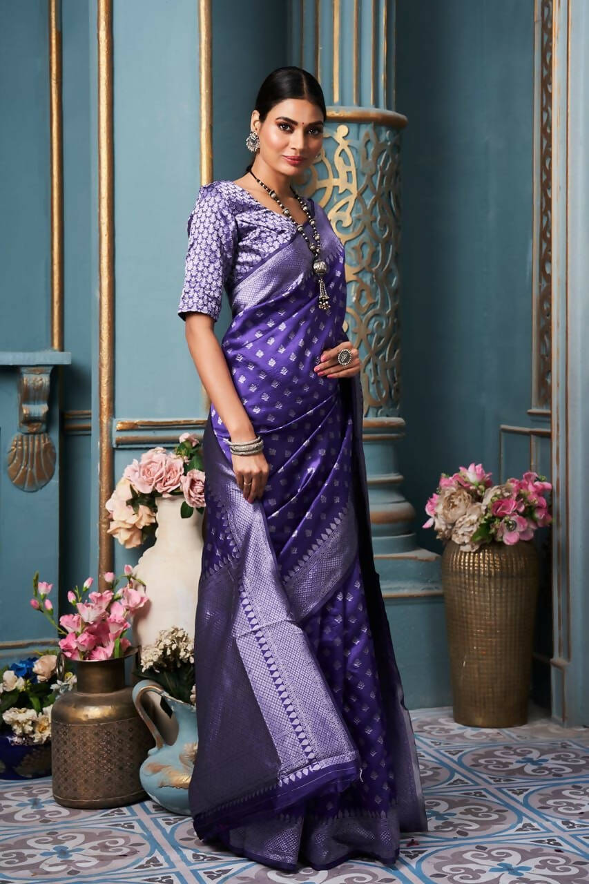 DEIANA'S Beautiful Designer Golden zari Soft Lichi Silk Saree - Purple | Grocsy
