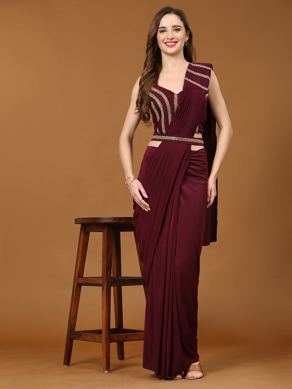 Maroon Polyester Solid Ready to Wear Saree with stitched Blouse - Nita | Grocsy