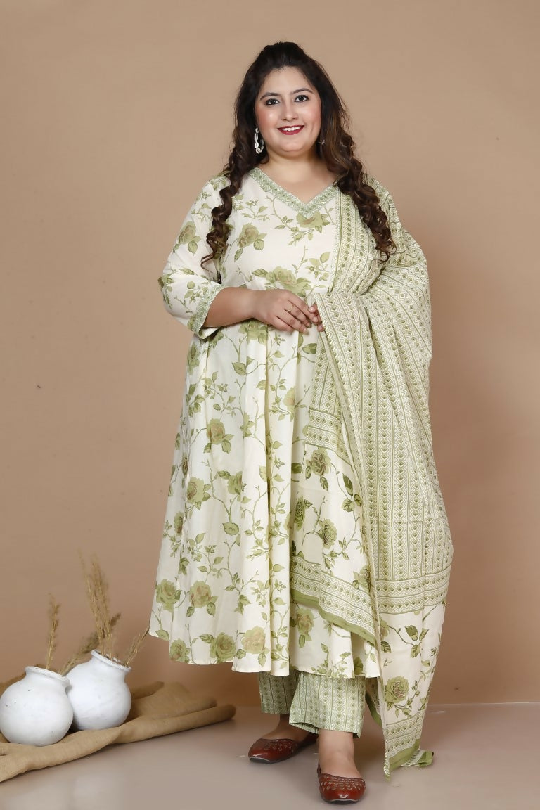 Miravan Women's Plus Size Green Printed Anarkali Kurta With Palazzo And Dupatta | Grocsy