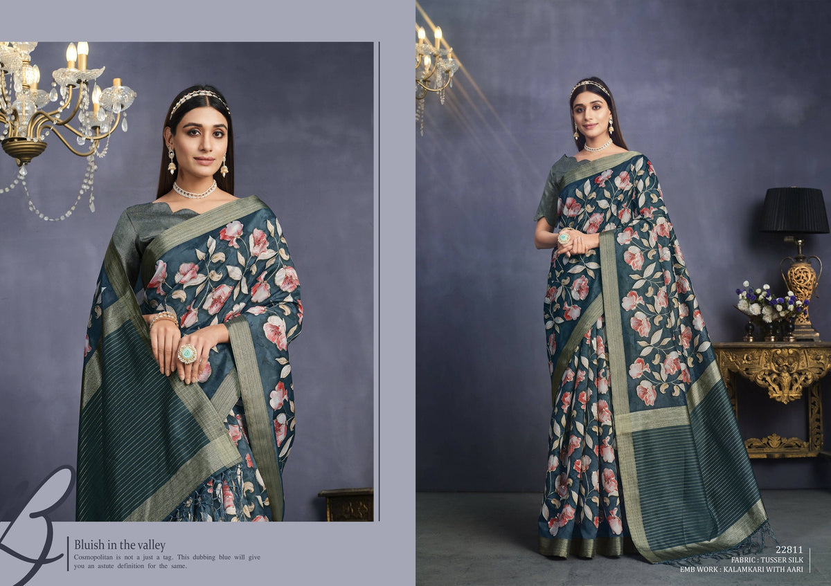 Teal Tusser Silk Floral Printed With Sequence Embroidered Saree With Unstitched Blouse - Mohmanthan Aahana | Grocsy