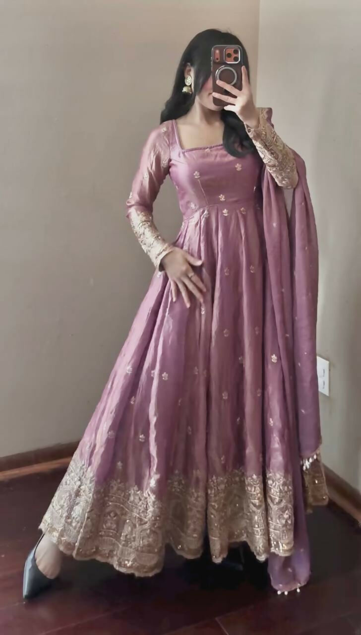 Teeya Creation Onion Fendy Silk Designer Heavy Work Wedding Wear Long Gown | Grocsy
