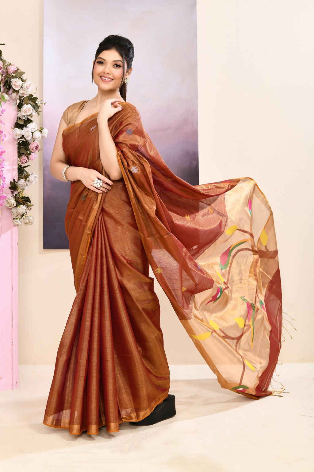 Piyari Fashion Women's Brown Embellished Tissue Jamdani Saree | Grocsy