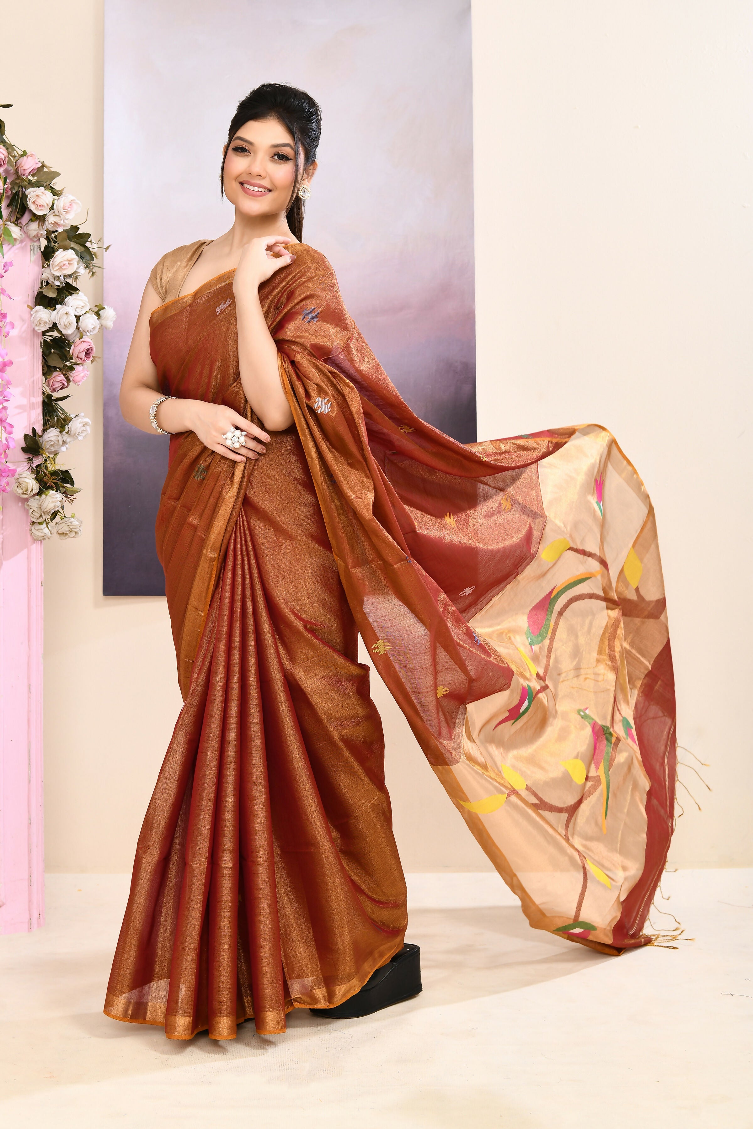 Piyari Fashion Women's Brown Embellished Tissue Jamdani Saree | Grocsy