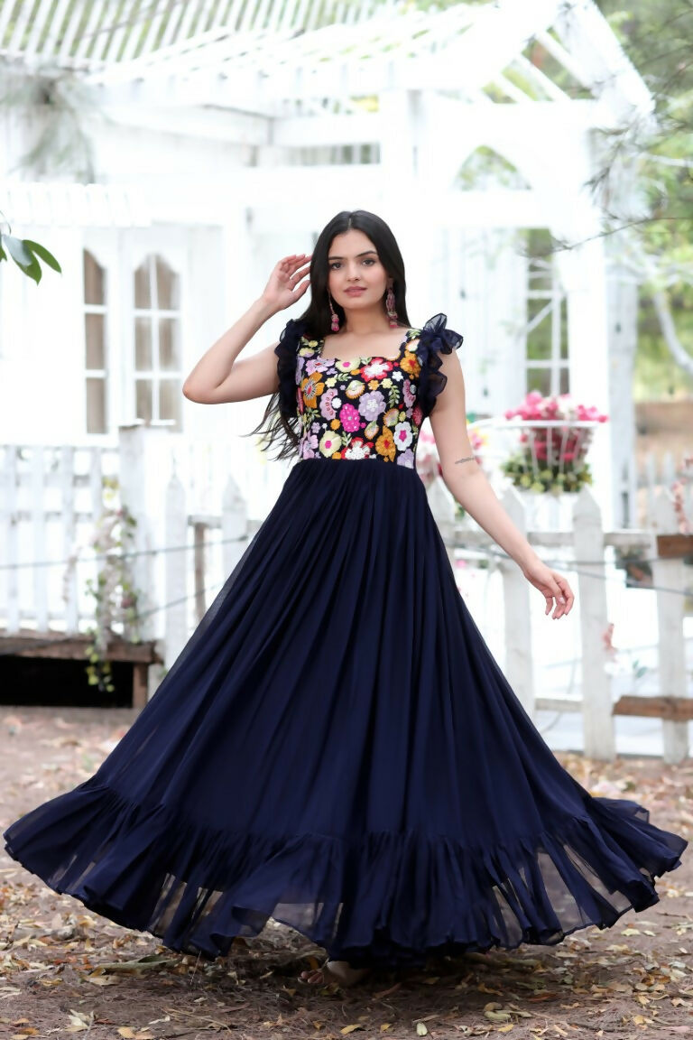 Jyoti Fashion Women's Navy Blue Sequins Thread Embroidery Faux Blooming Anarkali Dress | Grocsy