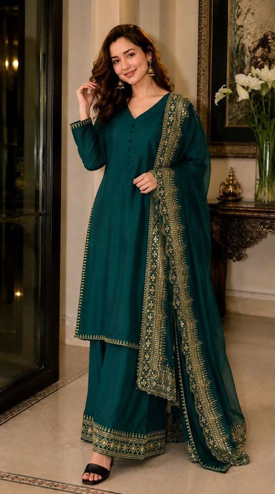 Teeya Creation New Latest Stylish Classic Rama Festive Kurta Set with Gold Zari Border Palazzo and Dupatta | Grocsy