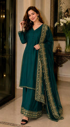 Teeya Creation New Latest Stylish Classic Rama Festive Kurta Set with Gold Zari Border Palazzo and Dupatta | Grocsy