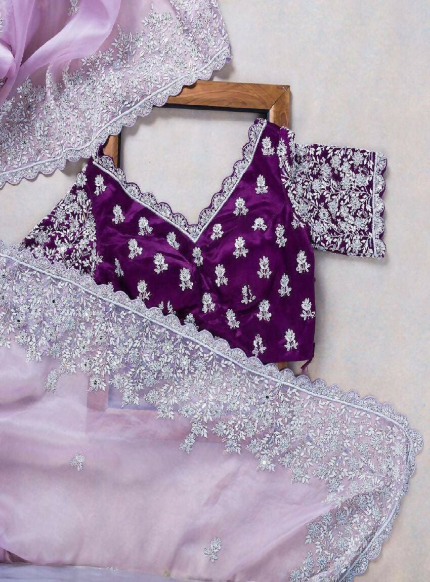 Teeya Creation New Womens Latest Party Wear Soft Organza Saree-Lavender | Grocsy