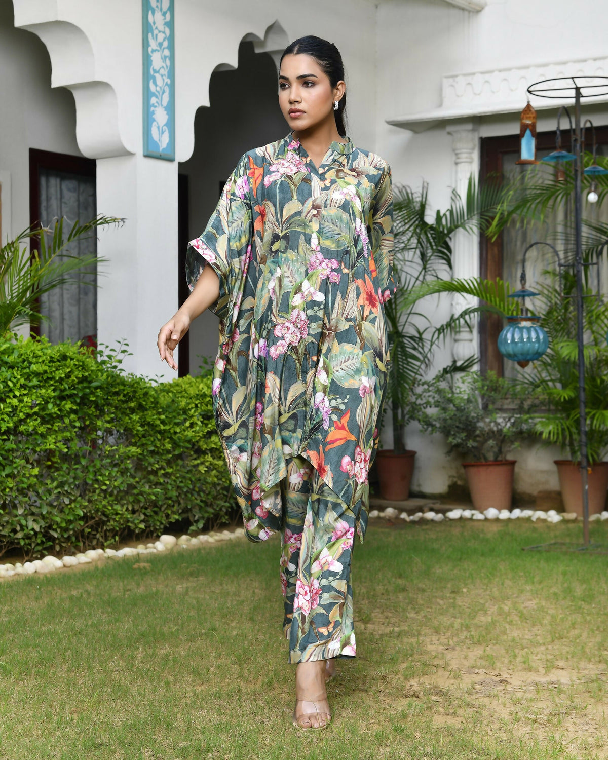 Vaasva Women's Dark Green Musline Viscose Digital Printed Kaftan Pant Set | Grocsy