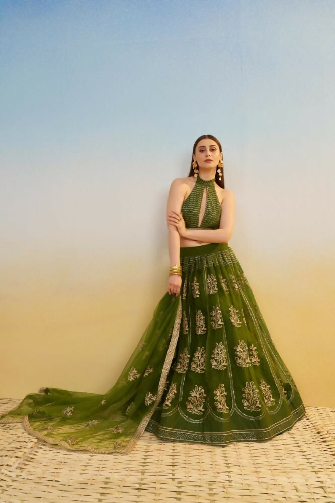 Aastha Fashion Mehandi Green Butterfly Net Tone To Tone Cotton Thread Work And Sequence Work Embroidery Wedding Wear Lehenga Choli | Grocsy