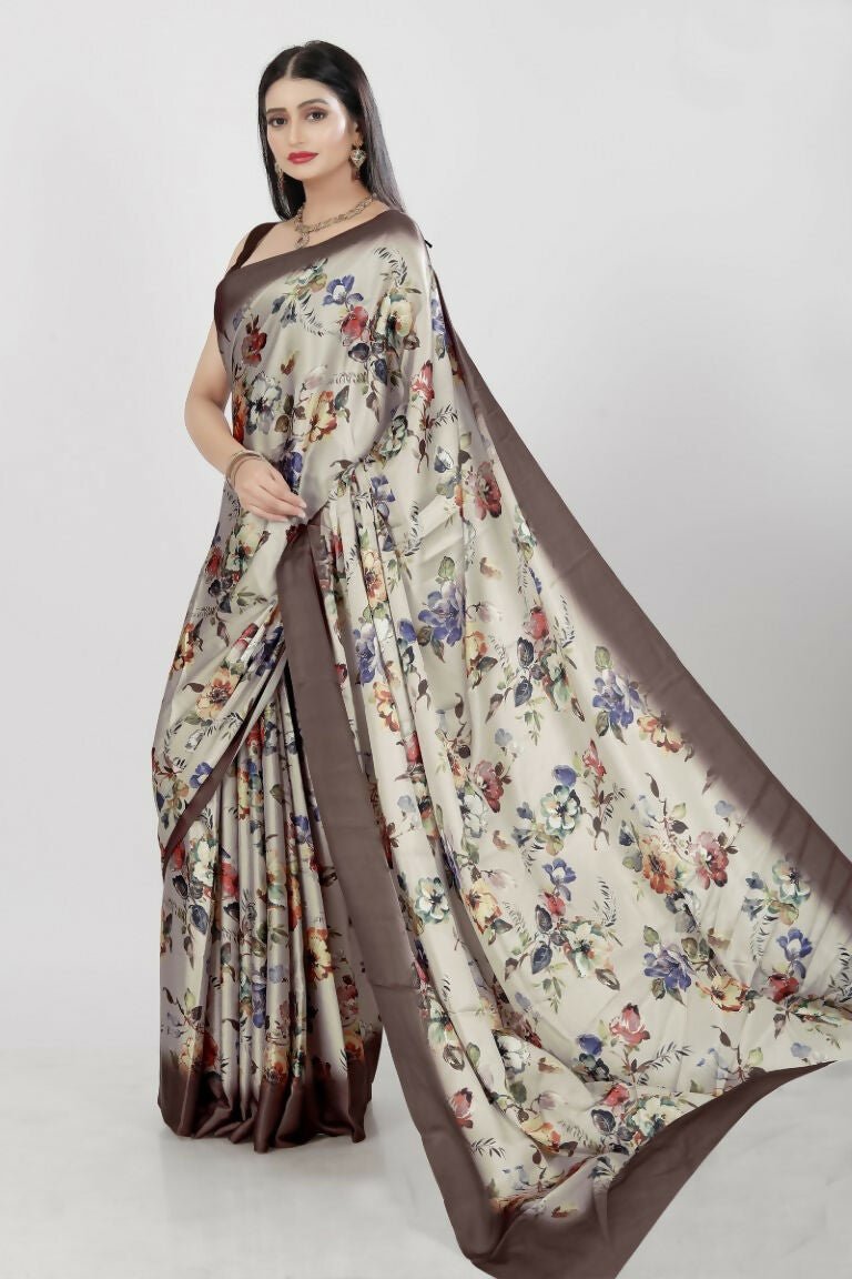 Aayaa Designer Printed Satin Saree - Multi Color | Grocsy