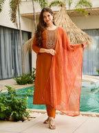 The52 Rust Women's Gorgeous Embroidered work Rayon Fabric Straight Kurta, Pant and Dupatta Set | Grocsy