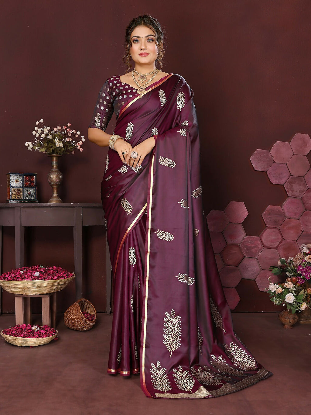 Joban Fashion Wine Floral Motifs Banarasi Silk Sarees | Grocsy