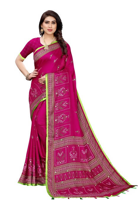 Vamika Embroidery Pink Jute Silk Saree (Jhulka Pink) | Grocsy