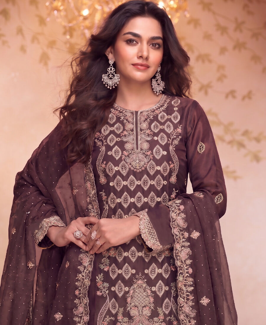KC Heavy Embroidery Worked Two Ton Moss Silk Purple Suit For Women | Grocsy