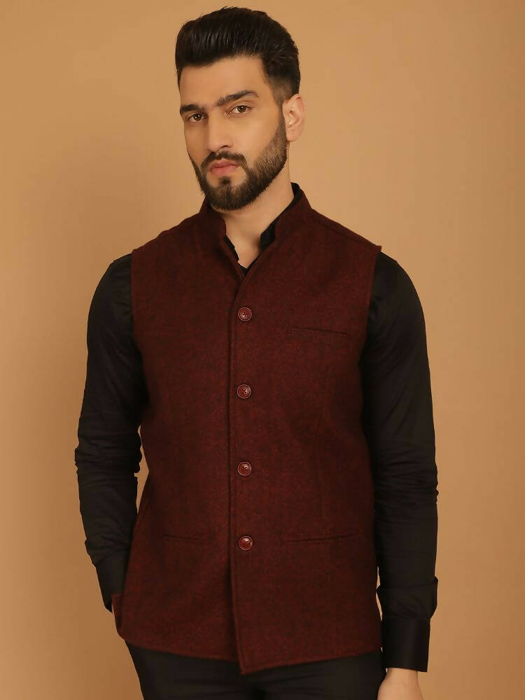 Even Apparels Pure Wool Nehru Jacket - Maroon | Grocsy