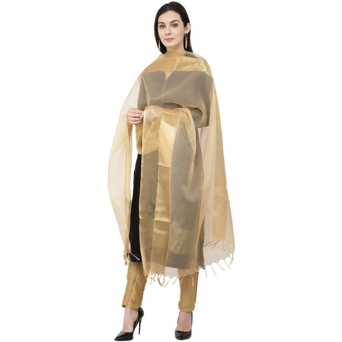 A R Silk VNS Tissue Zari Fancy Dupatta Golden Color Dupatta or Chunni | Grocsy