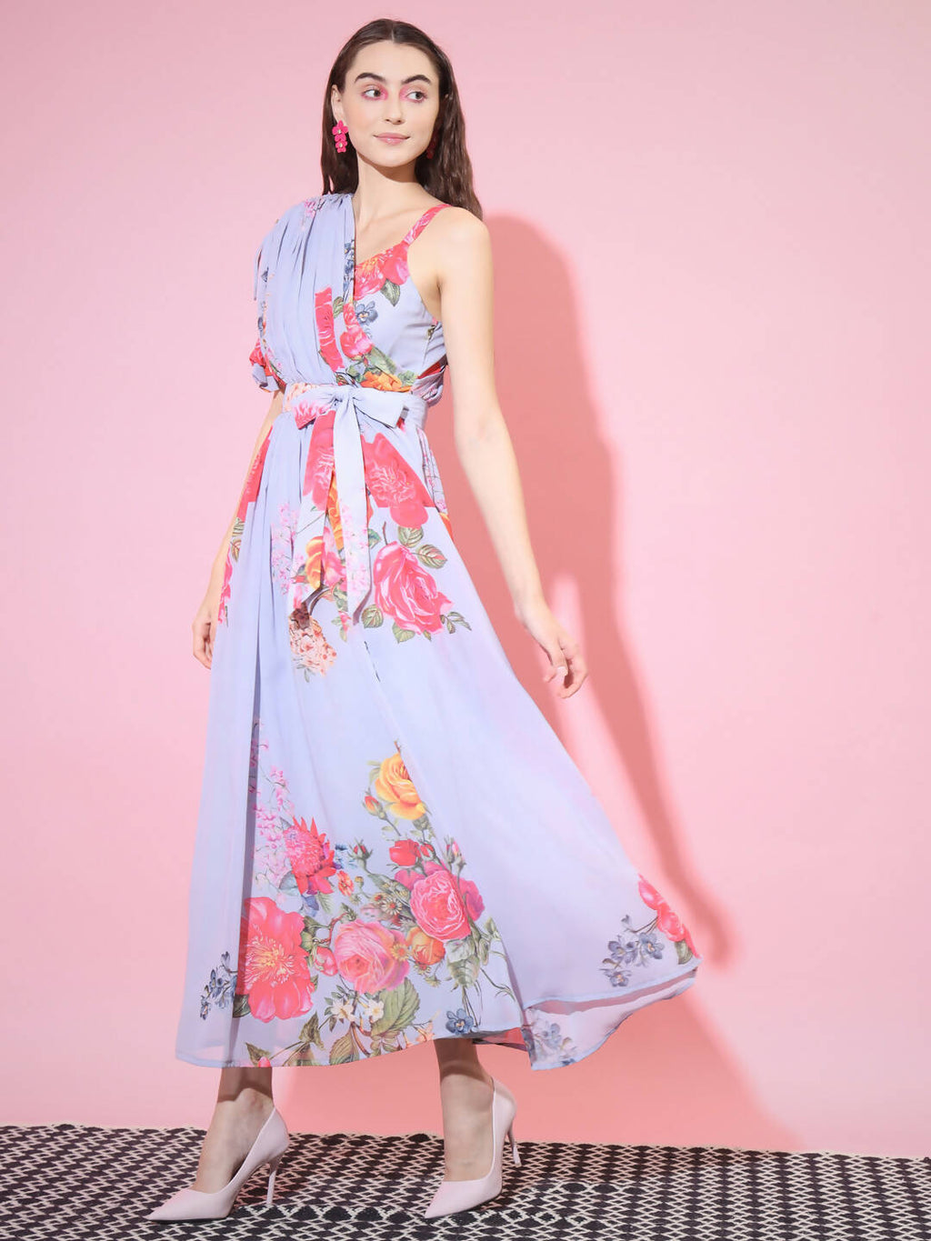 Myshka Women's Grey Floral Printed Empire Dress | Grocsy
