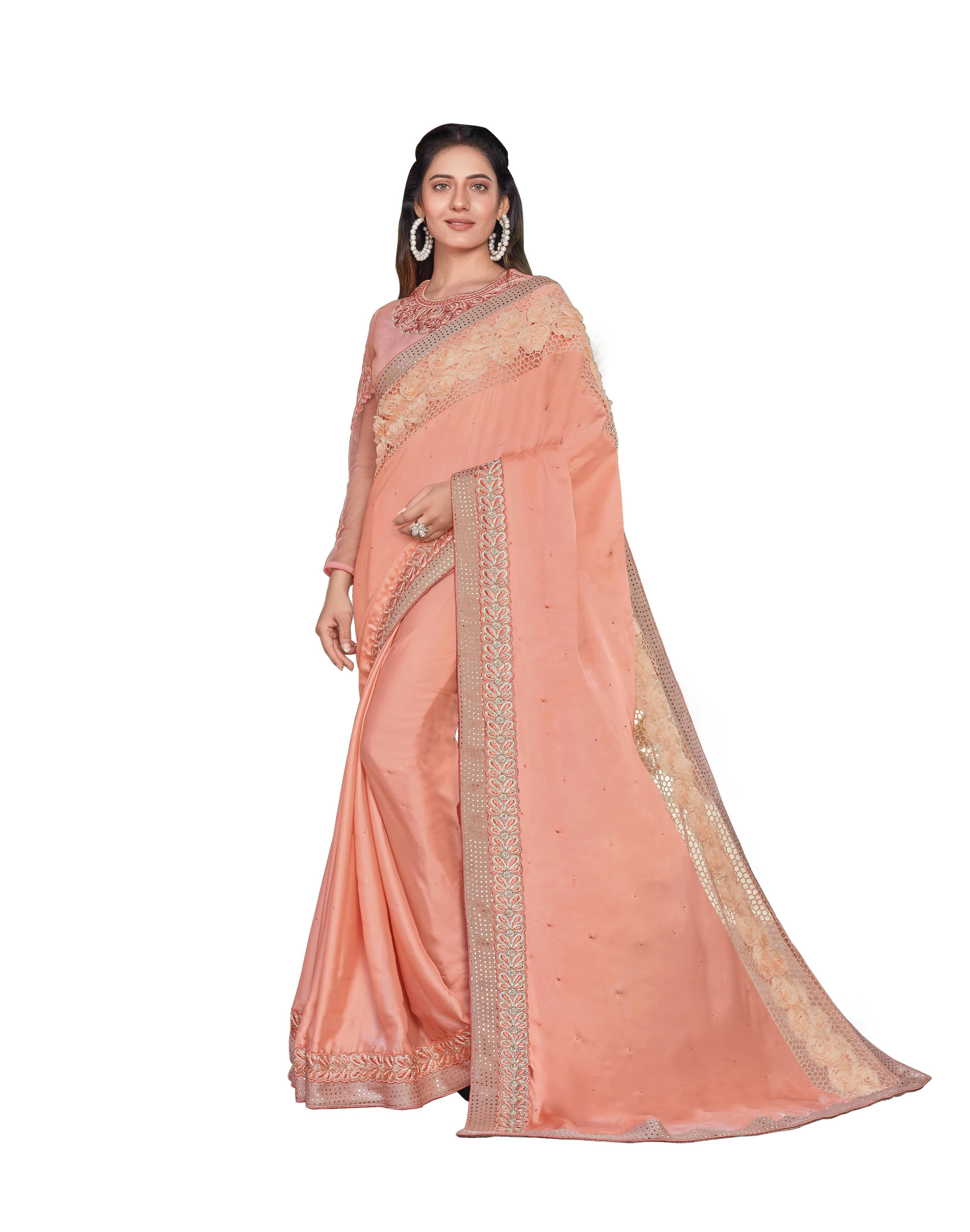 Peach Colored Satin Silk Embroidered Saree With Blouse - Norita Royal Adveka | Grocsy