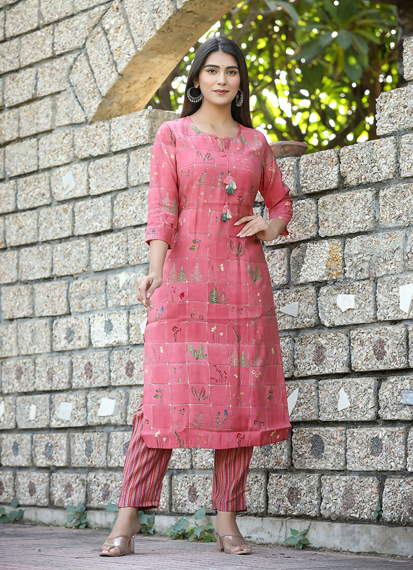 Kaajh Women's Pink Floral Printed Modal Silk Kurta Pant Set | Grocsy