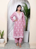 Miravan Women's Chikankari Embroidery Pink Straight Kurta & Palazzo Set | Grocsy