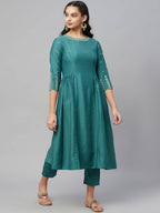 Myshka Dark Green Embroidered 3/4 Sleeve Round Neck Kurta Pant Dupatta Set | Grocsy