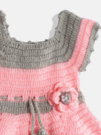 Chutput Kids Woollen Hand Knitted Short Sleeves Flower Detail Dress For Baby Girls - Pink | Grocsy