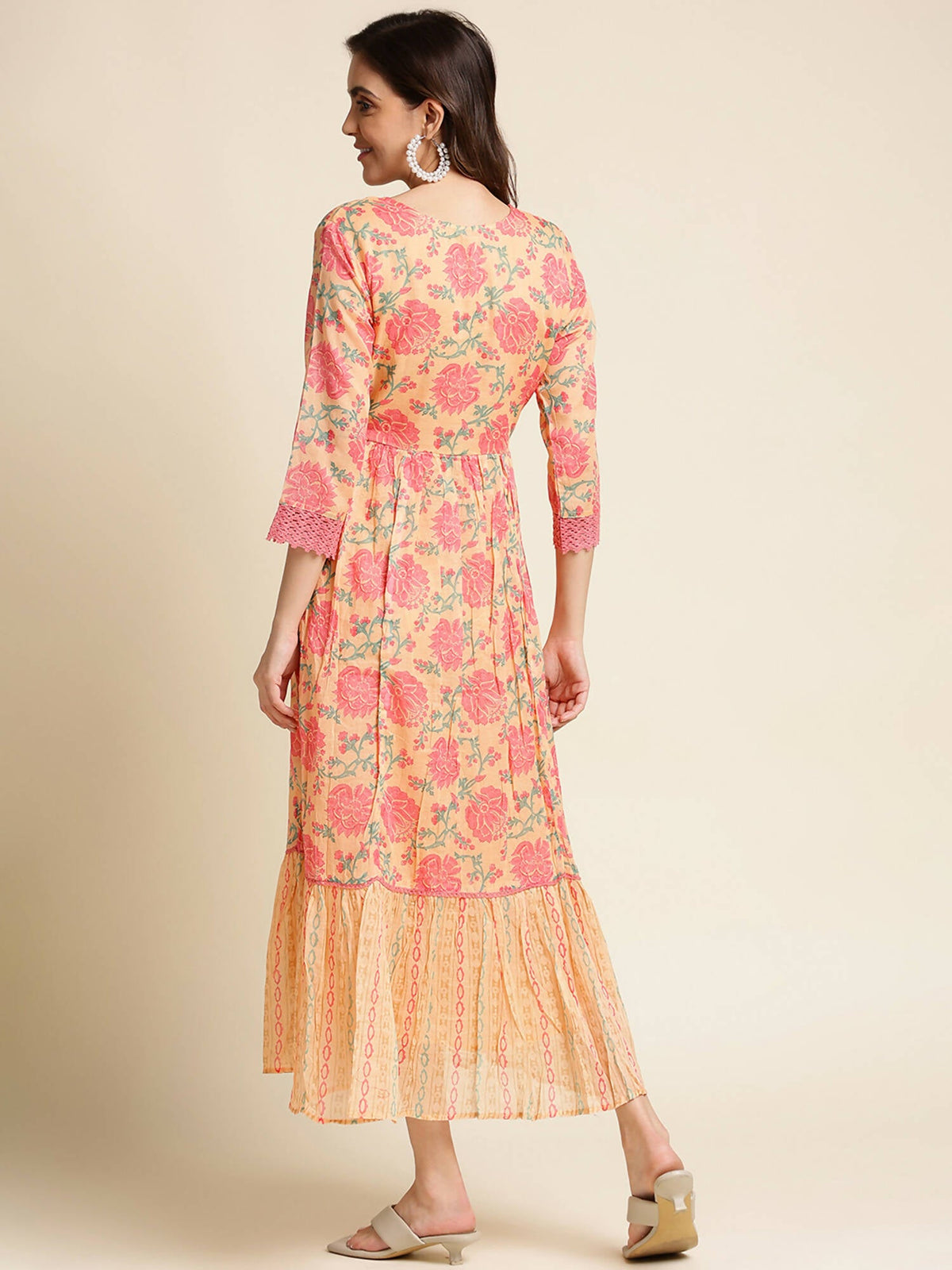 Peach Cotton Floral Printed Fit & Flare Dress - Yukti | Grocsy