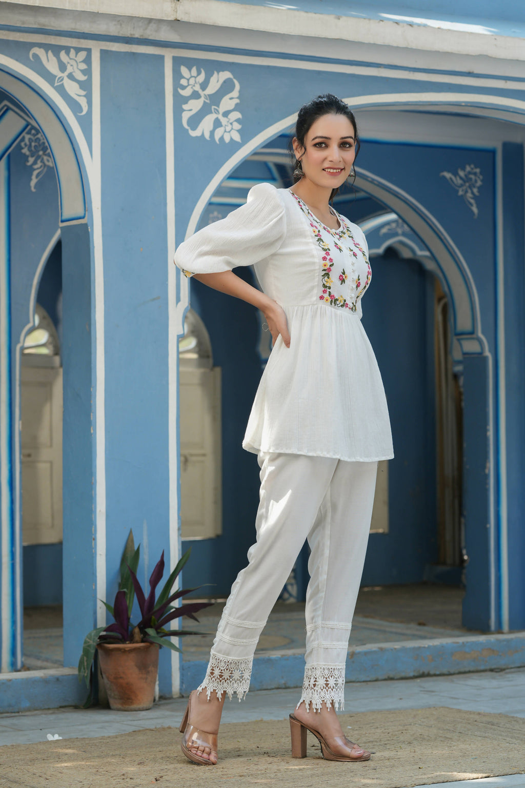 Juniper Women's White Cotton Crepe Floral Embroidered Tunic | Grocsy