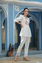 Juniper Women's White Cotton Crepe Floral Embroidered Tunic | Grocsy
