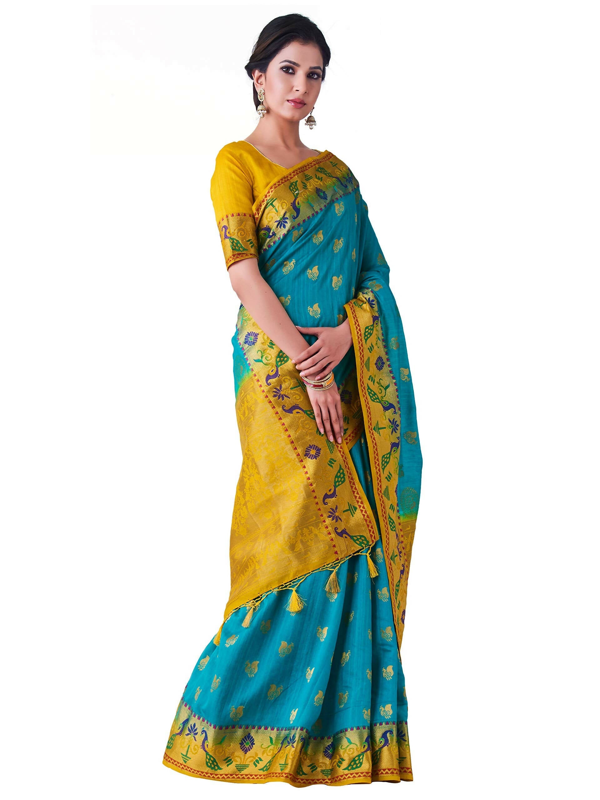Mimosa Women's Turquoise Kanchipuram Silk Saree | Grocsy