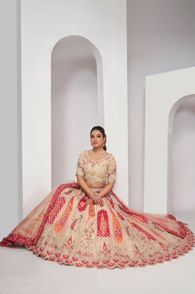 Kesar Fab Chiku Silk Embroidered Lehenga | Grocsy