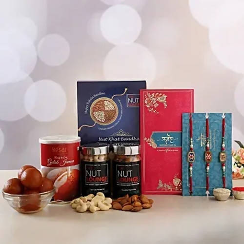 Set of 3 Meenakari Rakhi With Dry Fruits & Gulab Jamun | Grocsy