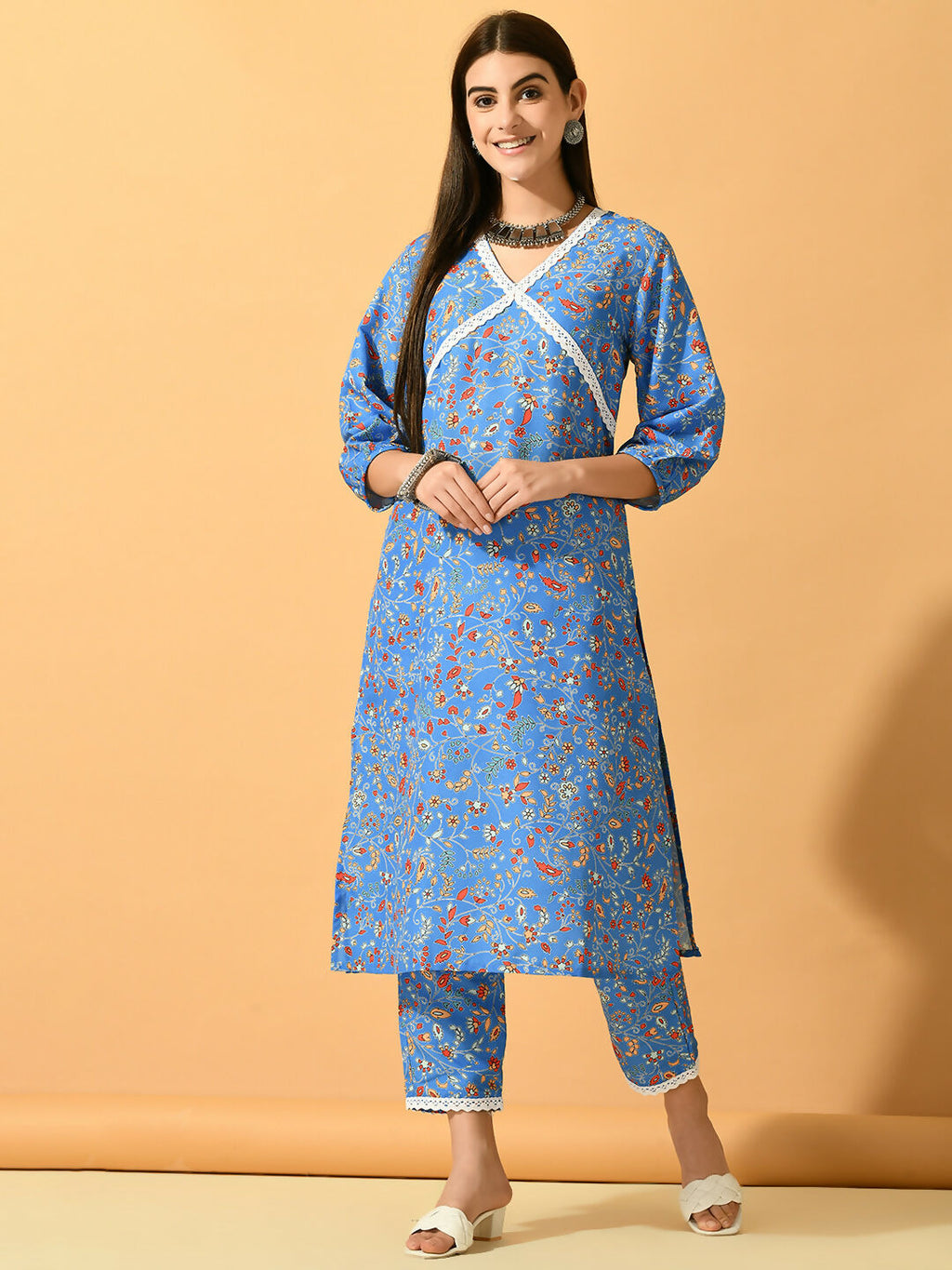 Myshka Women's Blue Printed Party Kurta Sets | Grocsy
