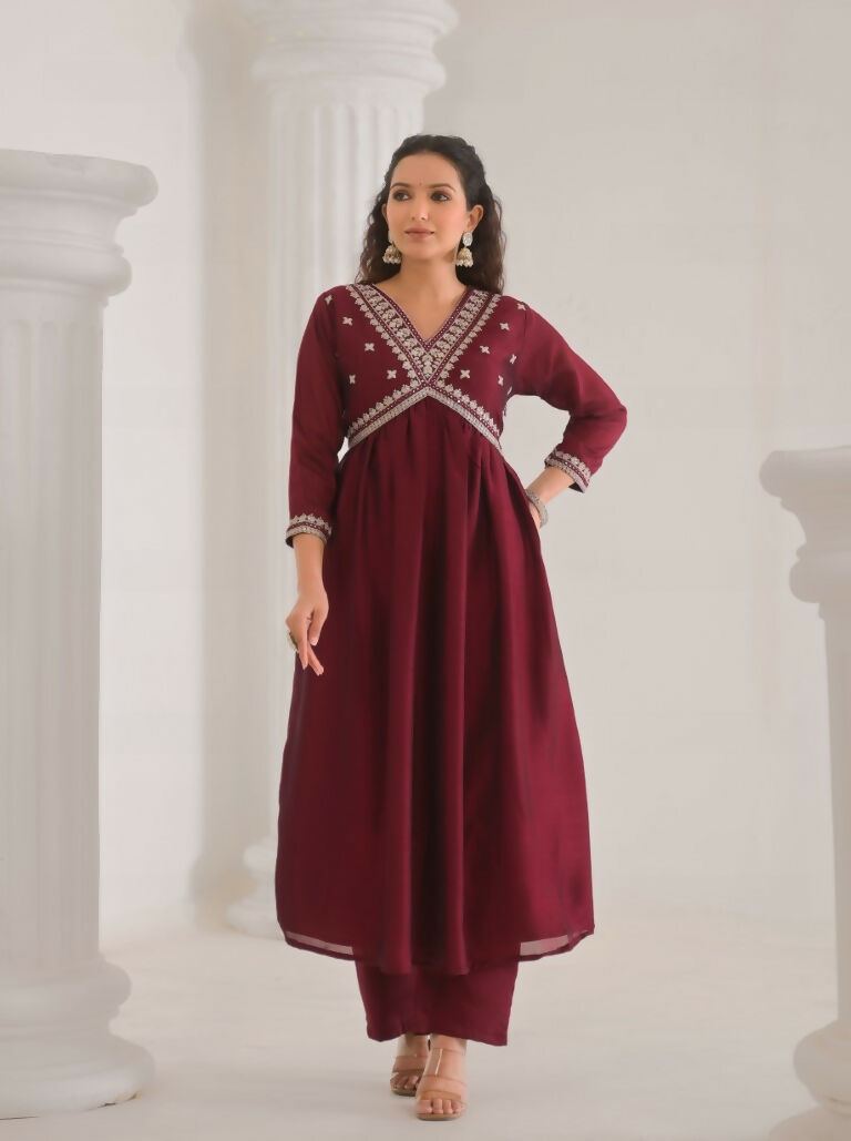 Ethnic Festive Wear Vichitra Silk Wine Stitched Suit With Dupatta - Tanisha | Grocsy
