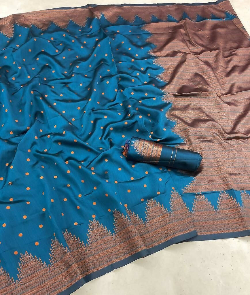 DEIANA'S Beautiful Designer Golden zari Soft Lichi Silk Saree - Blue | Grocsy