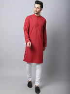 Even Apparels Maroon Cotton Checked Men's Kurta With Band Collar | Grocsy