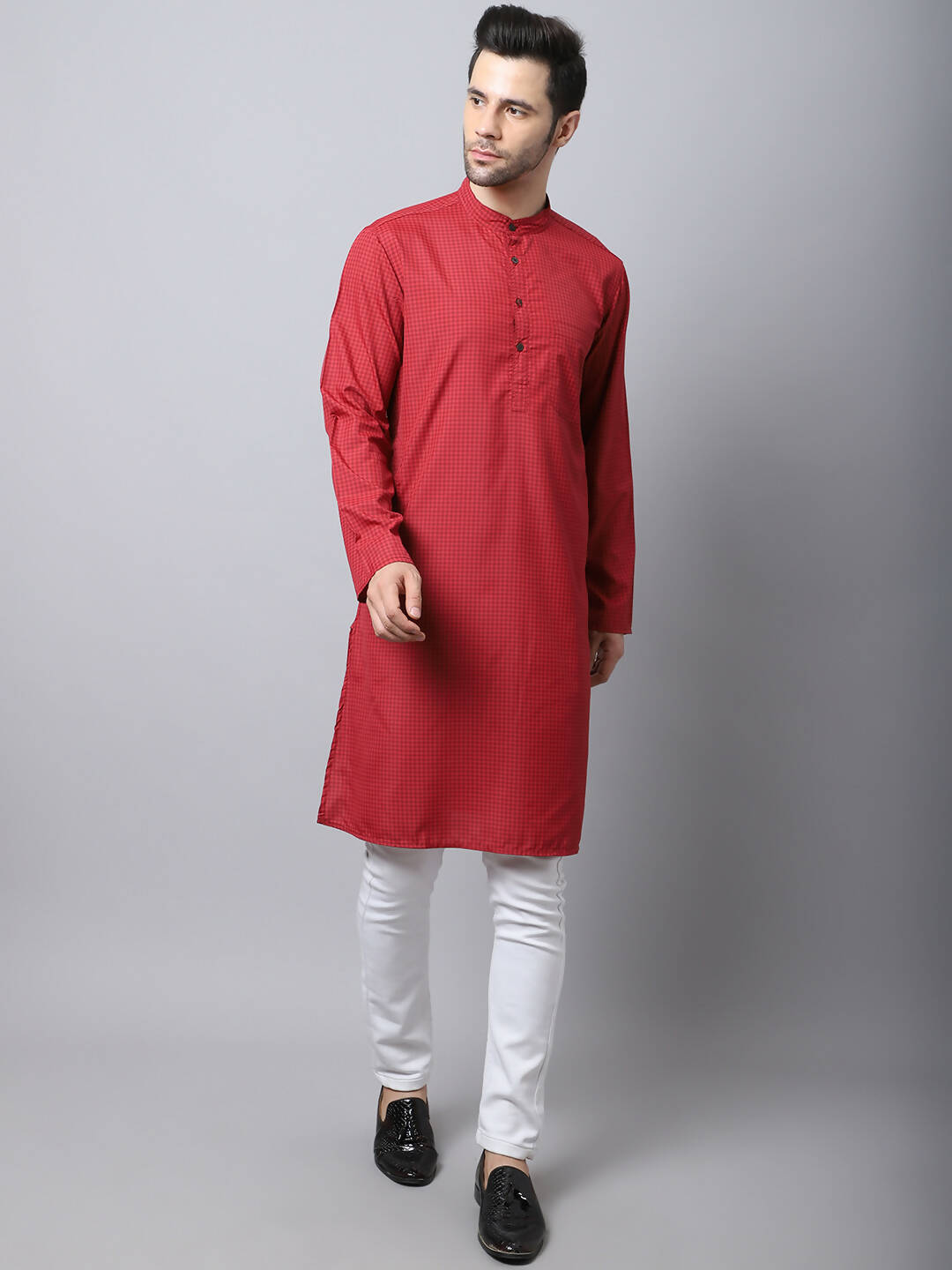 Even Apparels Maroon Cotton Checked Men's Kurta With Band Collar | Grocsy
