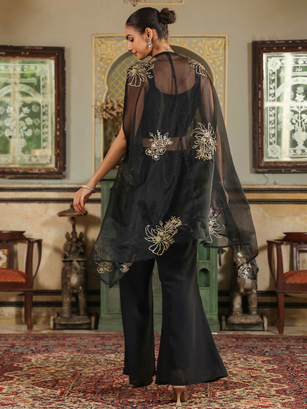 Janasya Black Georgette Solid Top Bottom Cape | Grocsy